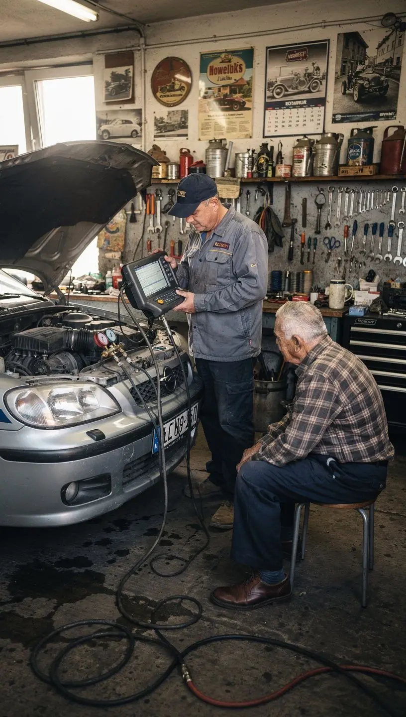 Technik analyzuje výkon klimatizácie s použitím profesionálnych prístrojov v autoservise