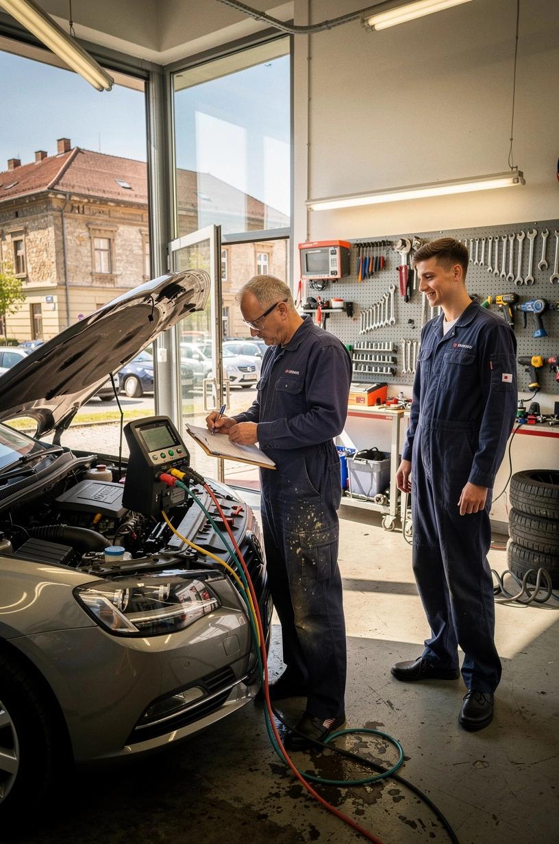 Mechanik kontroluje a testuje klimatizáciu v aute pred letnou sezónou, zisťuje tesnosť, hladinu chladiva a výkon systému s dôrazom na jasné rozlíšenie nevyhnutných a voliteľných opráv.